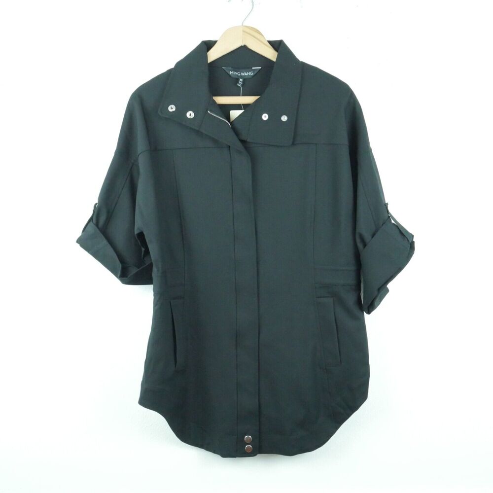 Ming‎ Wang XS Jacket Roll Tab Sleeve Black Ponte Knit Modern Lagenlook Minimal